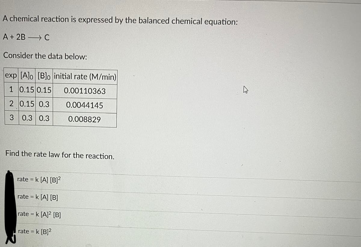 A chemical reaction is expressed by the balanced chemical equation:
A + 2B C
Consider the data below:
exp [A]o [B]o initial rate (M/min)
1 0.15 0.15 0.00110363
2 0.15 0.3
0.0044145
3 0.3 0.3
0.008829
Find the rate law for the reaction.
rate = k [A] [B]²
rate = k [A] [B]
rate = k [A]2 [B]
rate = k [B]2