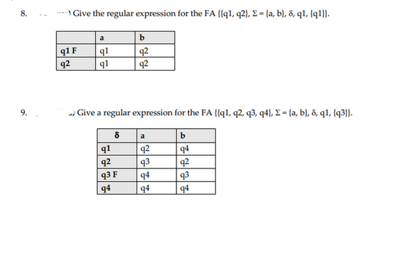 8.
a
› Give the regular expression for the FA {{q1, q2), E = (a, b), 8, q1, (q1}}.
q1 F
92
a
q1
q1
b
q2
q2
. Give a regular expression for the FA {{q1, q2, q3, q4), E = (a, b), 8, q1, (q3}}.
8
q1
92
q3 F
94
a
q2
93
94
94
b
94
92
93
94