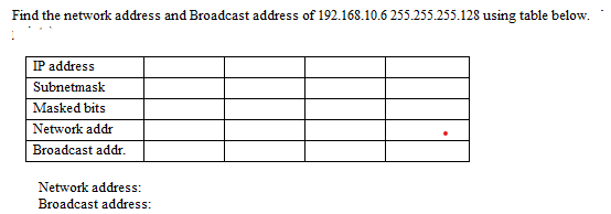 Find the network address and Broadcast address of 192.168.10.6 255.255.255.128 using table below.
IP address
Subnetmask
Masked bits
Network addr
Broadcast addr.
Network address:
Broadcast address:
