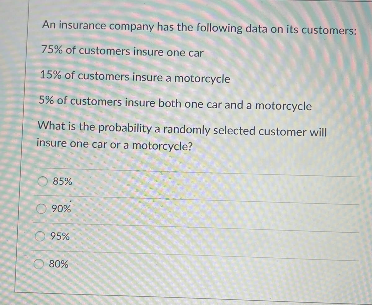 An insurance company has the following data on its customers:
75% of customers insure one car
15% of customers insure a motorcycle
5% of customers insure both one car and a motorcycle
What is the probability a randomly selected customer will
insure one car or a motorcycle?
85%
90%
95%
80%
O.
