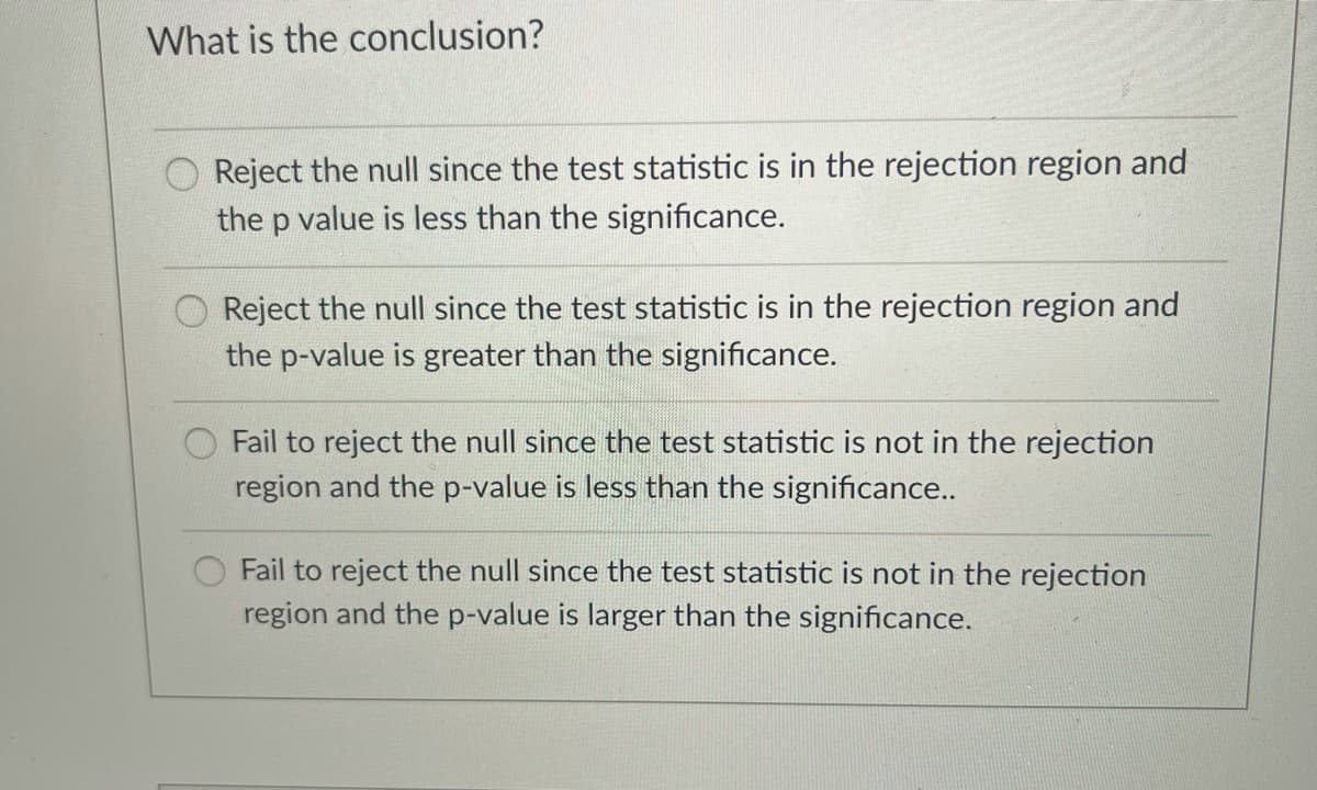 What is the conclusion?
Reject the null since the test statistic is in the rejection region and
the p value is less than the significance.
Reject the null since the test statistic is in the rejection region and
the p-value is greater than the significance.
Fail to reject the null since the test statistic is not in the rejection
region and the p-value is less than the significance..
Fail to reject the null since the test statistic is not in the rejection
region and the p-value is larger than the significance.
