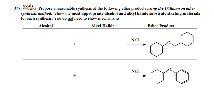 tnve s Propose a reasonable synthesis of the following ether products using the Williamson ether
synthesis method. Show the most appropriate alcohol and alkyl halide substrate starting materials
for each synthesis. You do not need to show mechanisms.
Alcohol
Alkyl Halide
Ether Product
NaH
NaH
+
