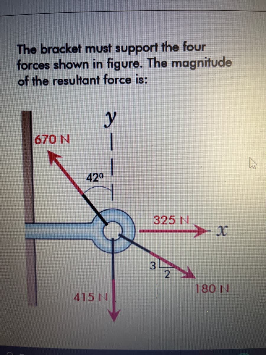 The bracket must support the four
forces shown in figure. The magnitude
of the resultant force is:
670 N
|
420
325 N
3
2
180 N
415 N
