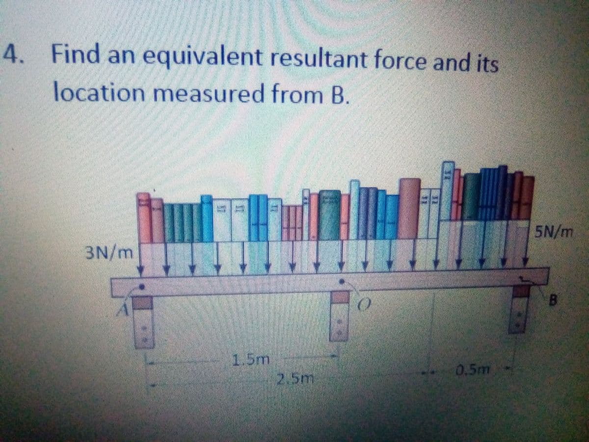 4. Find an equivalent resultant force and its
location measured from B.
5N/m
3N/m
1.5m
2.5m
0.5m -
11

