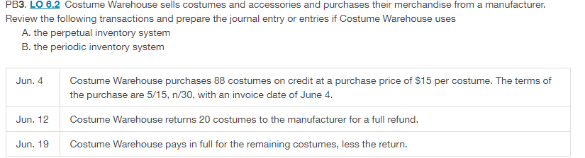 PB3. LO 6.2 Costume Warehouse sells costumes and accessories and purchases their merchandise from a manufacturer.
Review the following transactions and prepare the journal entry or entries if Costume Warehouse uses
A. the perpetual inventory system
B. the periodic inventory system
Jun. 4
Costume Warehouse purchases 88 costumes on credit at a purchase price of $15 per costume. The terms of
the purchase are 5/15, n/30, with an invoice date of June 4.
Jun. 12
Costume Warehouse returns 20 costumes to the manufacturer for a full refund.
Jun. 19
Costume Warehouse pays in full for the remaining costumes, less the return.
