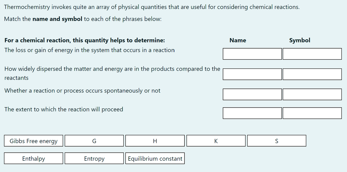 Thermochemistry invokes quite an array of physical quantities that are useful for considering chemical reactions.
Match the name and symbol to each of the phrases below:
For a chemical reaction, this quantity helps to determine:
Name
Symbol
The loss or gain of energy in the system that occurs in a reaction
How widely dispersed the matter and energy are in the products compared to the
reactants
Whether a reaction or process occurs spontaneously or not
The extent to which the reaction will proceed
Gibbs Free energy
G
H
K
Enthalpy
Entropy
Equilibrium constant
S