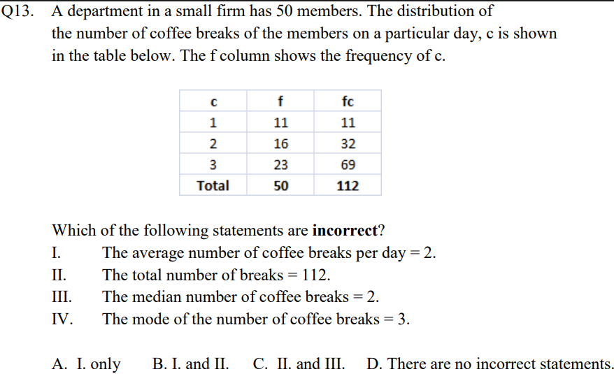 Q13. A department in a small firm has 50 members. The distribution of
the number of coffee breaks of the members on a particular day, c is shown
in the table below. The f column shows the frequency of c.
f
fc
1
11
11
2
16
32
3
23
69
Total
50
112
Which of the following statements are incorrect?
I.
The average number of coffee breaks per day = 2.
The total number of breaks = 112.
II.
III.
IV.
The median number of coffee breaks = 2.
The mode of the number of coffee breaks = 3.
A. I. only
B. I. and II.
С. П. and II.
D. There are no incorrect statements.
