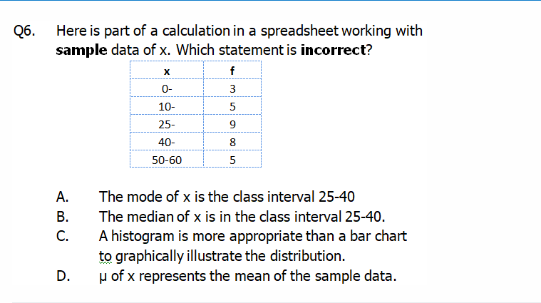 Q6.
Here is part of a calculation in a spreadsheet working with
sample data of x. Which statement is incorrect?
f
0-
3
10-
5
25-
40-
8
50-60
A.
The mode of x is the class interval 25-40
В.
The median of x is in the class interval 25-40.
C.
A histogram is more appropriate than a bar chart
to graphically illustrate the distribution.
u of x represents the mean of the sample data.
D.
