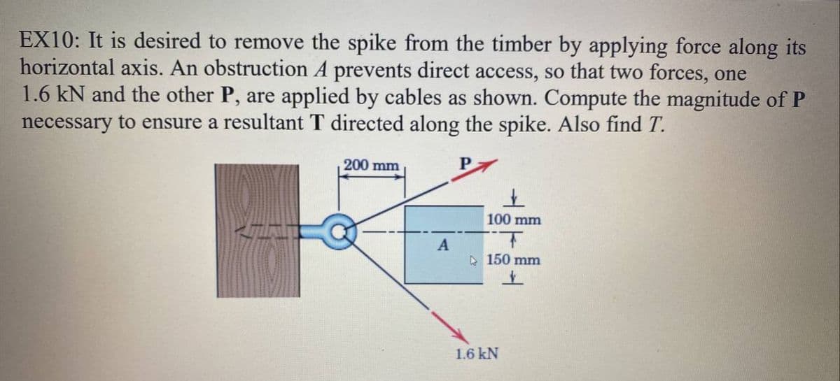 EX10: It is desired to remove the spike from the timber by applying force along its
horizontal axis. An obstruction A prevents direct access, so that two forces, one
1.6 kN and the other P, are applied by cables as shown. Compute the magnitude of P
necessary to ensure a resultant T directed along the spike. Also find T.
200 mm
100 mm
A
A 150 mm
1.6 kN
