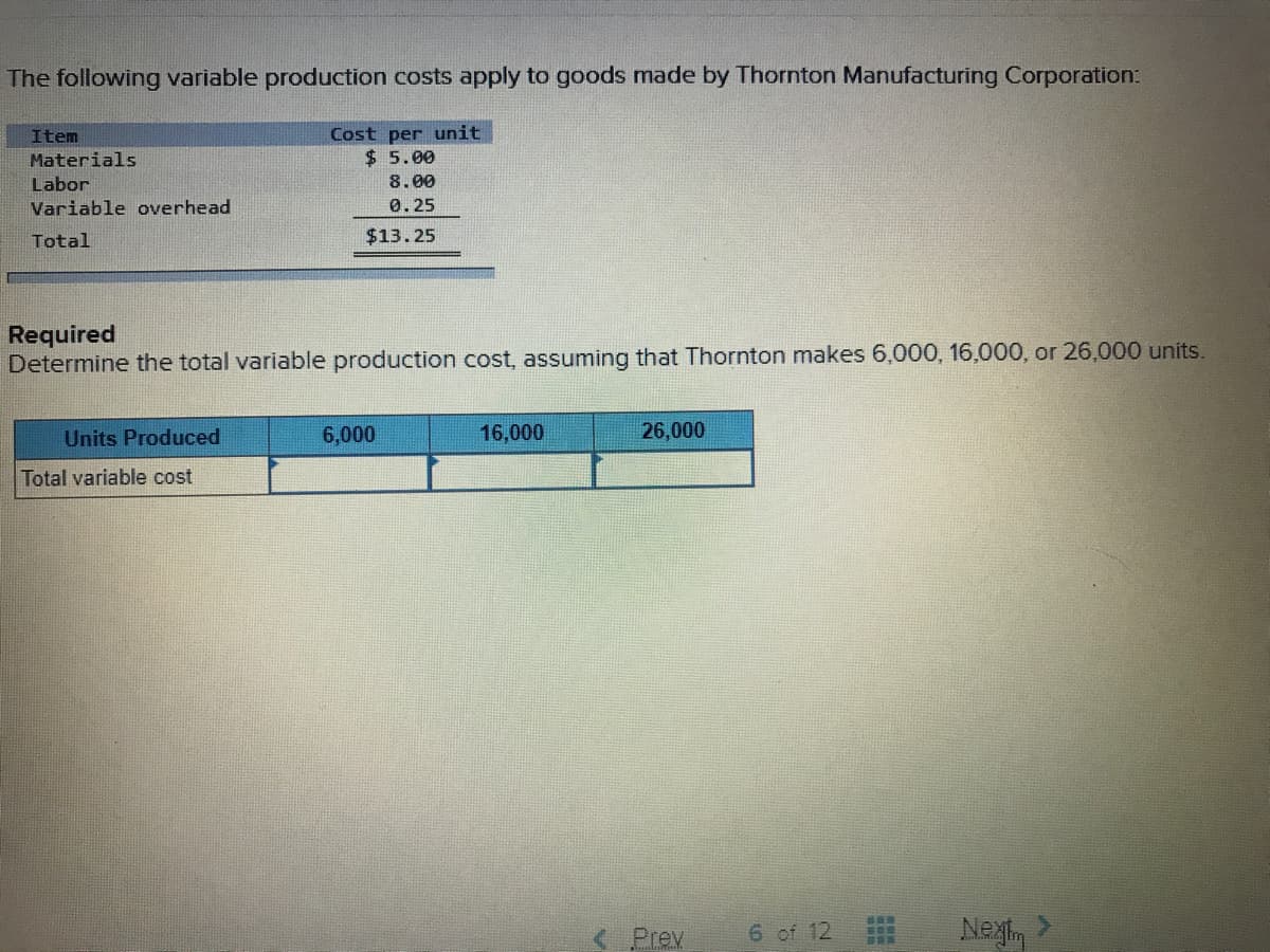 The following variable production costs apply to goods made by Thornton Manufacturing Corporation:
Cost per unit
$ 5.00
Item
Materials
Labor
8.00
Variable overhead
0.25
Total
$13.25
Required
Determine the total variable production cost, assuming that Thornton makes 6,000, 16,000, or 26,000 units.
Units Produced
6,000
16,000
26,000
Total variable cost
