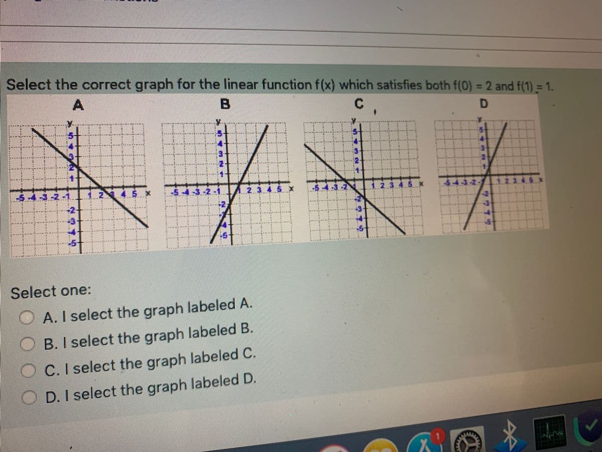 Select the correct graph for the linear function f(x) which satisfies both f(0) = 2 and f(1) = 1.
C
3.
4.5 x
5432
$44-2-
Select one:
OA. I select the graph labeled A.
O B. I select the graph labeled B.
O C. I select the graph labeled C.
D. I select the graph labeled D.
A.
