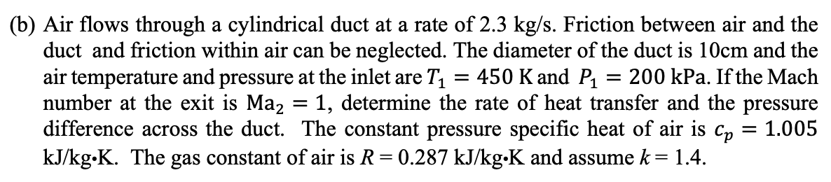 (b) Air flows through a cylindrical duct at a rate of 2.3 kg/s. Friction between air and the
duct and friction within air can be neglected. The diameter of the duct is 10cm and the
air temperature and pressure at the inlet are T₁ 450 K and P₁ = 200 kPa. If the Mach
number at the exit is Ma2
determine the rate of heat transfer and the pressure
difference across the duct. The constant pressure specific heat of air is cp = 1.005
kJ/kg-K. The gas constant of air is R = 0.287 kJ/kg-K and assume k = 1.4.
-