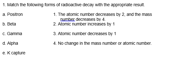 1. Match the following forms of radioactive decay with the appropriate result.
1. The atomic number decreases by 2, and the mass
number, decreases by 4.
2. Atomic number increases by 1
a. Positron
b. Beta
c. Gamma
3. Atomic number decreases by 1
d. Alpha
4. No change in the mass number or atomic number.
е. К сapture
