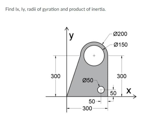 Find Ix, ly, radii of gyration and product of inertia.
Ø200
Ø150
300
300
Ø50
50
X
50-
300

