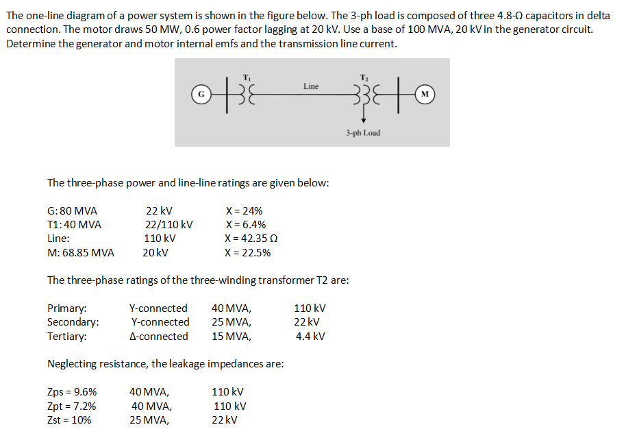 The one-line diagram of a power system is shown in the figure below. The 3-ph load is composed of three 4.8-0 capacitors in delta
connection. The motor draws 50 MW, 0.6 power factor lagging at 20 kV. Use a base of 100 MVA, 20 kV in the generator circuit.
Determine the generator and motor internal emfs and the transmission line current.
Line
M
3-ph Load
The three-phase power and line-line ratings are given below:
X = 24%
22 kV
22/110 kV
G: 80 MVA
T1:40 MVA
X= 6.4%
X= 42.35 Q
X = 22.5%
Line:
110 kV
M: 68.85 MVA
20kV
The three-phase ratings of the three-winding transformer T2 are:
Y-connected
110 kV
Primary:
Secondary:
40 MVA,
Y-connected
25 MVA,
22 kV
Tertiary:
A-connected
15 MVA,
4.4 kV
Neglecting resistance, the leakage impedances are:
110 kV
Zps = 9.6%
Zpt = 7.2%
Zst = 10%
40 MVA,
40 MVA,
25 MVA,
110 kV
22 kV
%3D
