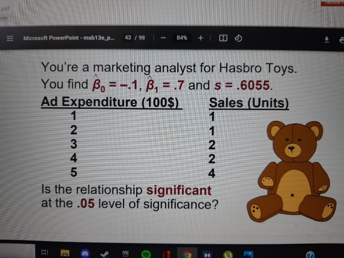 AKLIVite F
pdf
ndir
Microsoft PowerPoint- msb13e_p...
43 / 98
84%
www.
You're a marketing analyst for Hasbro Toys.
You find Bo = -.1, B, = .7 and s = .6055.
Ad Expenditure (100$)
1
%3D
%3D
Sales (Units)
1
2
3
4
5
Is the relationship significant
at the .05 level of significance?
EPIC
GAMES
T122 4
III
