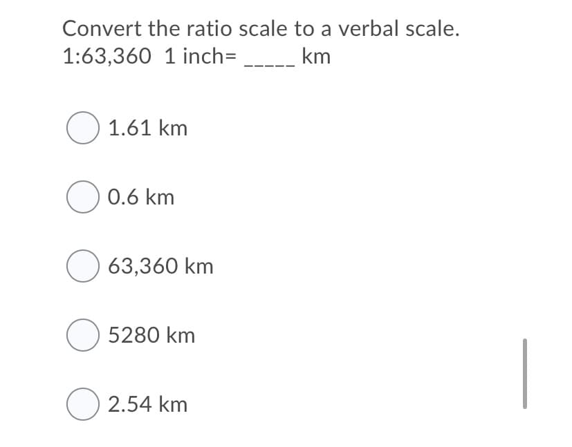 Convert the ratio scale to a verbal scale.
1:63,360 1 inch=
km
O 1.61 km
O 0.6 km
O 63,360 km
O 5280 km
O 2.54 km
