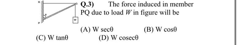 Q.3)
PQ due to load W in figure will be
The force induced in member
(A) W sec0
(B) W cos0
(C) W tan0
(D) W cosec0
