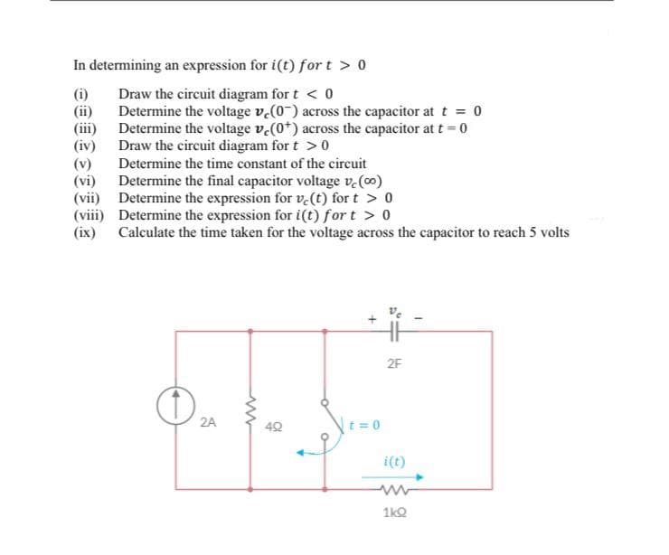 In determining an expression for i(t) fort > 0
(i)
Draw the circuit diagram for t < 0
(ii)
(iii)
Determine the voltage v(0) across the capacitor at t = 0
Determine the voltage ve(0*) across the capacitor at t = 0
Draw the circuit diagram for t > 0
(iv)
(vi)
Determine the time constant of the circuit
Determine the final capacitor voltage vc (0)
Determine the expression for ve(t) for t > 0
(viii) Determine the expression for i(t) fort > 0
(vii)
(ix) Calculate the time taken for the voltage across the capacitor to reach 5 volts
2F
O
49
2A
t=0
i(t)
m
1kQ