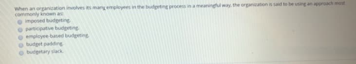 When an organization involves its many employees in the budgeting process in a meaningful way, the organization is said to be using an approach most
commonly known as:
O imposed budgeting.
O participative budgeting.
e employee-based budgeting.
O budget padding.
O budgetary slack.
