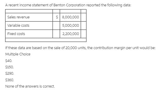 A recent income statement of Benton Corporation reported the following data:
Sales revenue
$ 8,000,000
Variable costs
5,000,000
Fixed costs
2,200,000
If these data are based on the sale of 20,000 units, the contribution margin per unit would be:
Multiple Choice
$40.
$150.
$290.
S360.
None of the answers is correct.
