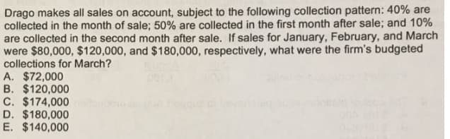 Drago makes all sales on account, subject to the following collection pattern: 40% are
collected in the month of sale; 50% are collected in the first month after sale; and 10%
are collected in the second month after sale. If sales for January, February, and March
were $80,000, $120,000, and $180,000, respectively, what were the firm's budgeted
collections for March?
A. $72,000
B. $120,000
C. $174,000
D. $180,000
E. $140,000
