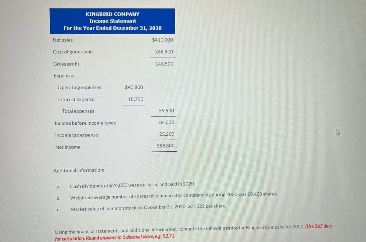 KINGBIRD COMPANY
Income Statement
For the Year Ended December 31, 2020
$40,800
18,700
Net sales
$410,000
Cost of goods sold
266,500
Gross profit
143,500
Expenses
Operating expenses
Interest expense
Total expenses
59,500
Income before income taxes
84,000
W
Income tax expense
25,200
Net income
$58,800
Additional information:
a.
Cash dividends of $24,000 were declared and paid in 2020.
b.
Weighted-average number of shares of common stock outstanding during 2020 was 29,400 shares.
C.
Market value of common stock on December 31, 2020, was $22 per share.
Using the financial statements and additional information, compute the following ratios for Kingbird Company for 2020. (Use 365 days
for calculation. Round answers to 1 decimal place, e.g. 52.7.)