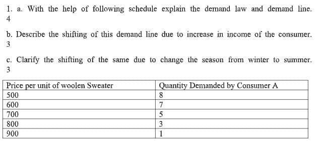 1. a. With the help of following schedule explain the demand law and demand line.
4
b. Describe the shifting of this demand line due to increase in income of the consumer.
3
c. Clarify the shifting of the same due to change the season from winter to summer.
3
Price per unit of woolen Sweater
500
Quantity Demanded by Consumer A
8
600
7
700
800
3
900
1
