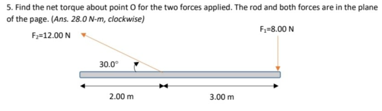 5. Find the net torque about point O for the two forces applied. The rod and both forces are in the plane
of the page. (Ans. 28.0 N-m, clockwise)
F₁-8.00 N
F₂=12.00 N
30.0°
3.00 m
2.00 m
