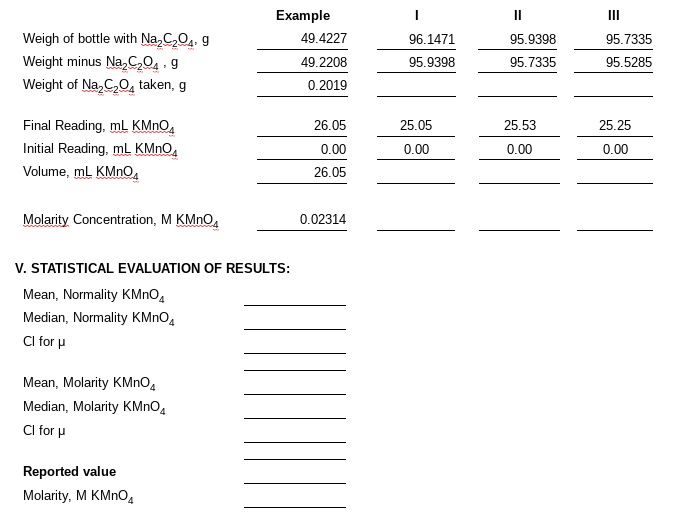 Example
Weigh of bottle with Na₂C₂O4, 9
Weight minus Na₂C₂O4.g
Weight of Na₂C₂O4 taken, g
Final Reading, mL KMnO
Initial Reading, mL KMnO4
Volume, mL KMnO4
Molarity Concentration, M KMnO4
V. STATISTICAL EVALUATION OF RESULTS:
Mean, Normality KMnO4
Median, Normality KMnO4
Cl for μ
Mean, Molarity KMnO4
Median, Molarity KMnO4
Cl for μ
Reported value
Molarity, M KMnO4
49.4227
49.2208
0.2019
26.05
0.00
26.05
0.02314
I
96.1471
95.9398
25.05
0.00
||
95.9398
95.7335
25.53
0.00
95.7335
95.5285
25.25
0.00