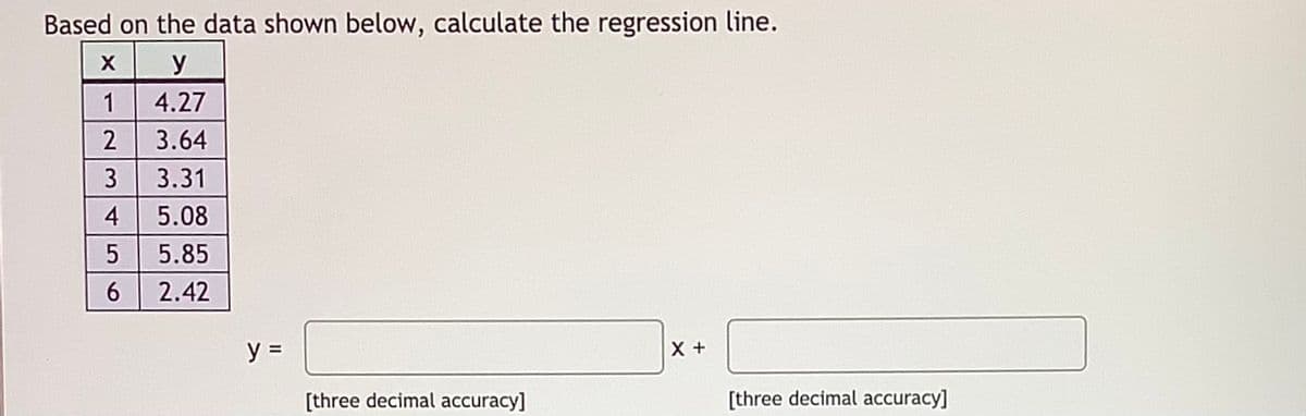 Based on the data shown below, calculate the regression line.
y
1
4.27
3.64
3
3.31
5.08
5.85
6.
2.42
y =
[three decimal accuracy]
[three decimal accuracy]
45
