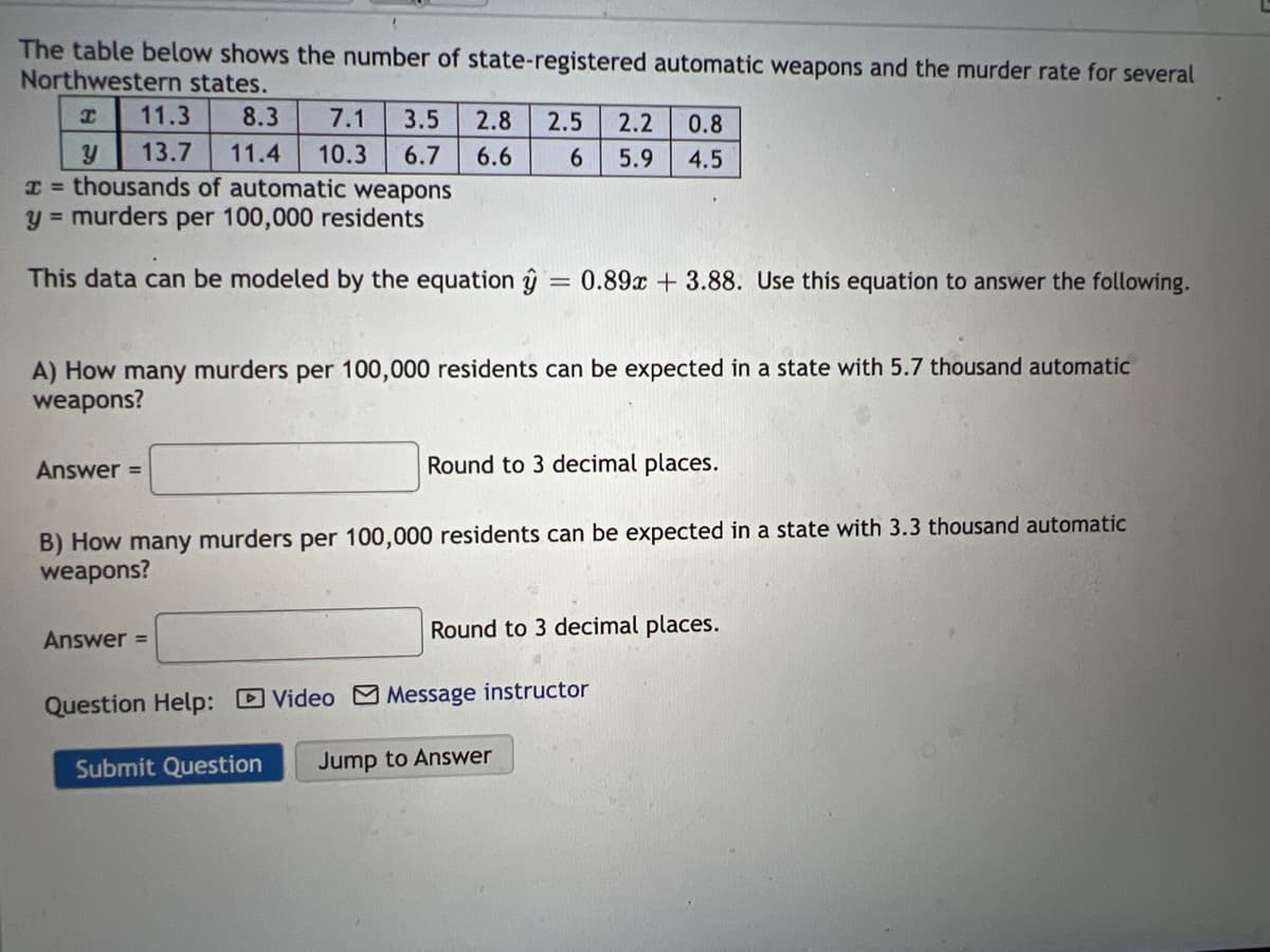 The table below shows the number of state-registered automatic weapons and the murder rate for several
Northwestern states.
I 11.3
8.3
7.1 3.5 2.8 2.5 2.2 0.8
13.7 11.4 10.3 6.7 6.6 6 5.9 4.5
Y
I = thousands of automatic weapons
y = murders per 100,000 residents
This data can be modeled by the equation = 0.89x + 3.88. Use this equation to answer the following.
A) How many murders per 100,000 residents can be expected in a state with 5.7 thousand automatic
weapons?
Answer =
Round to 3 decimal places.
B) How many murders per 100,000 residents can be expected in a state with 3.3 thousand automatic
weapons?
Round to 3 decimal places.
Answer =
Question Help: Video Message instructor
Submit Question Jump to Answer