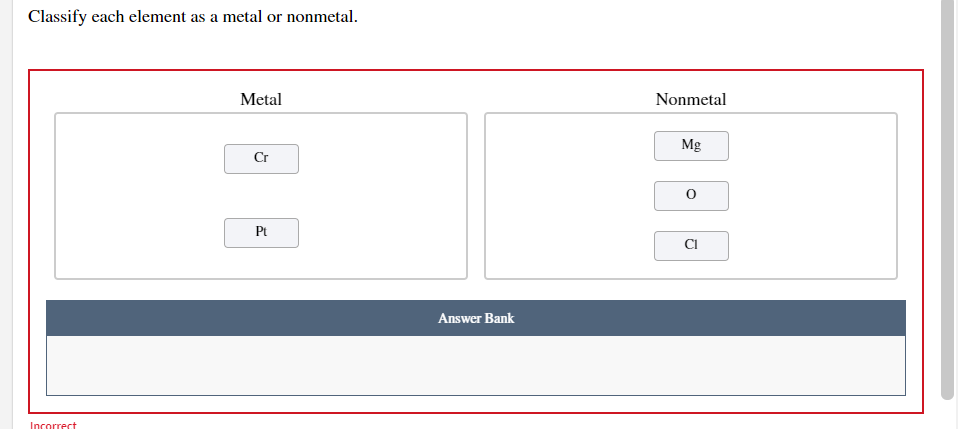 Classify each element as a metal or nonmetal.
Metal
Nonmetal
Mg
Cr
Pt
CI
Answer Bank
Incorrect
