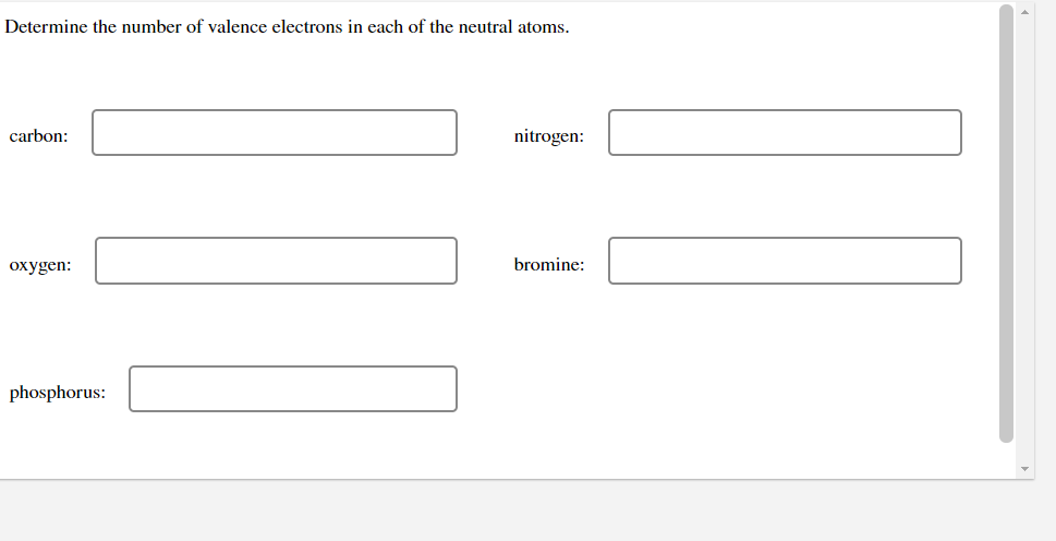 Determine the number of valence electrons in each of the neutral atoms.
carbon:
nitrogen:
охудen:
bromine:
phosphorus:
