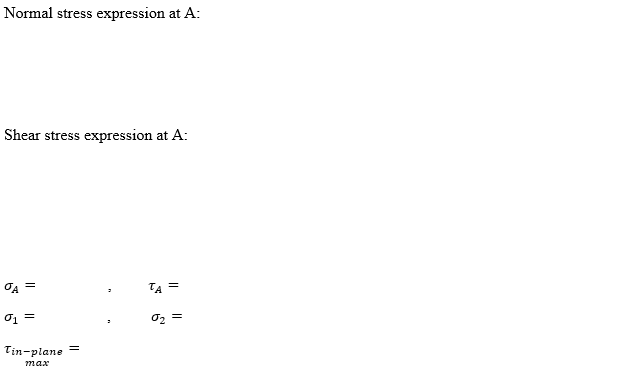 Normal stress expression at A:
Shear stress expression at A:
OA =
TA =
Tin-plane =
max
