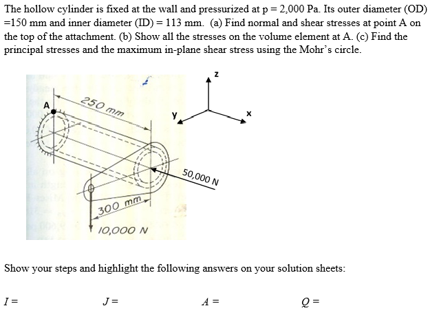 The hollow cylinder is fixed at the wall and pressurized at p = 2,000 Pa. Its outer diameter (OD)
=150 mm and inner diameter (ID) = 113 mm. (a) Find normal and shear stresses at point A on
the top of the attachment. (b) Show all the stresses on the volume element at A. (c) Find the
principal stresses and the maximum in-plane shear stress using the Mohr's circle.
250 mm
A
50,000 N
300 mm
10,000 N
Show your steps and highlight the following answers on your solution sheets:
J =
A =
Q =
I =

