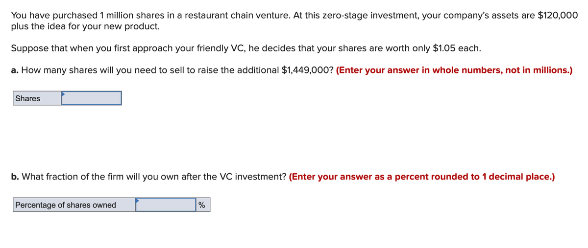 You have purchased 1 million shares in a restaurant chain venture. At this zero-stage investment, your company's assets are $120,000
plus the idea for your new product.
Suppose that when you first approach your friendly VC, he decides that your shares are worth only $1.05 each.
a. How many shares will you need to sell to raise the additional $1,449,000? (Enter your answer in whole numbers, not in millions.)
Shares
b. What fraction of the firm will you own after the VC investment? (Enter your answer as a percent rounded to 1 decimal place.)
Percentage of shares owned
%
