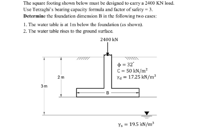 The square footing shown below must be designed to carry a 2400 KN load.
Use Terzaghi's bearing capacity formula and factor of safety = 3.
Determine the foundation dimension B in the following two cases:
1. The water table is at Im below the foundation (as shown).
2. The water table rises to the ground surface.
2400 kN
O = 32°
C = 50 kN/m?
Yd = 17.25 kN/m³
2 m
3m
B
Ys = 19.5 kN/m³
