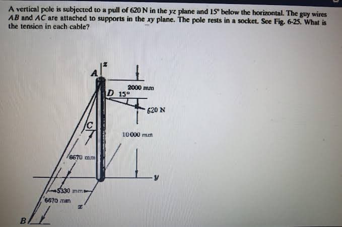 A vertical pole is subjected to a pull of 620 N in the yz plane and 15° below the horizontal. The guy wires
AB and AC are attached to supports in the xy plane. The pole rests in a socket. Sce Fig. 6-25. What is
the tension in each cable?
A
2000 mm
D 15°
620 N
10000 mm
/B670 mm
Lo5330 mm
6670 mm
B.
