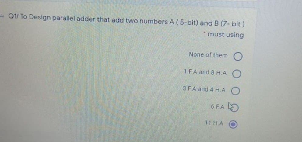 Q1/ To Design parallel adder that add two numbers A (5-bit) and B (7-bit)
*must using
None of them
1 FA and 8 H.A
3 FA and 4 H.A O
6 FA
11 H.A