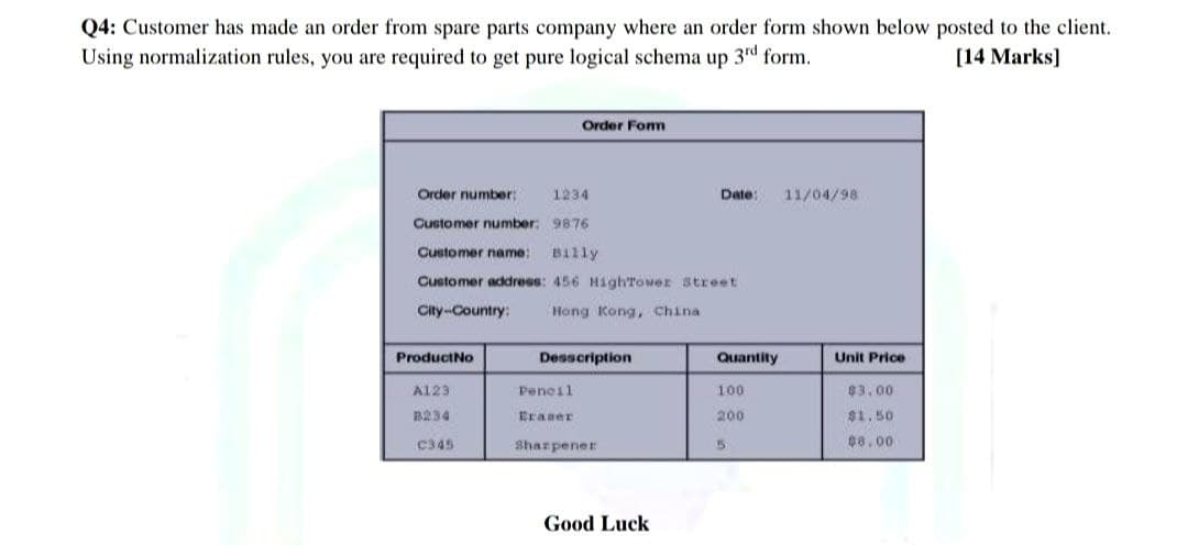 Q4: Customer has made an order from spare parts company where an order form shown below posted to the client.
Using normalization rules, you are required to get pure logical schema up 3rd form.
[14 Marks]
Order number: 1234
Customer number: 9876
Customer name: Billy
Customer address: 456 HighTower Street
City-Country:
Hong Kong, China
ProductNo
A123
B234
C345
Order For
Desscription
Pencil.
Eraser
Sharpener
Date: 11/04/98
Good Luck
Quantity
100
200
5
Unit Price
$3.00
$1.50
$8.00