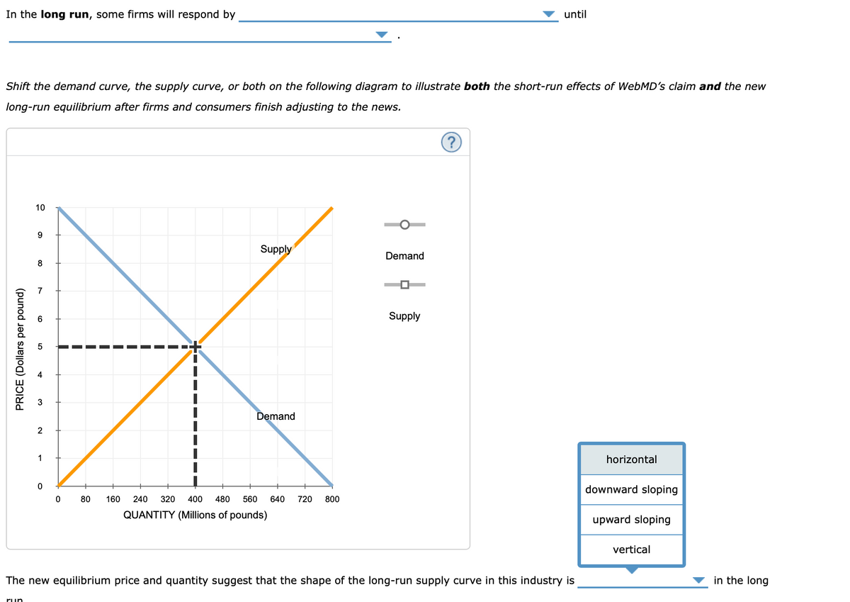 In the long run, some firms will respond by
until
Shift the demand curve, the supply curve, or both on the following diagram to illustrate both the short-run effects of WebMD's claim and the new
long-run equilibrium after firms and consumers finish adjusting to the news.
10
Supply
Demand
7
Supply
3
Demand
1
horizontal
downward sloping
80
160
240
320
400
480
560
640
720
800
QUANTITY (Millions of pounds)
upward sloping
vertical
The new equilibrium price and quantity suggest that the shape of the long-run supply curve in this industry is
in the long
run
PRICE (Dollars per pound)
5
