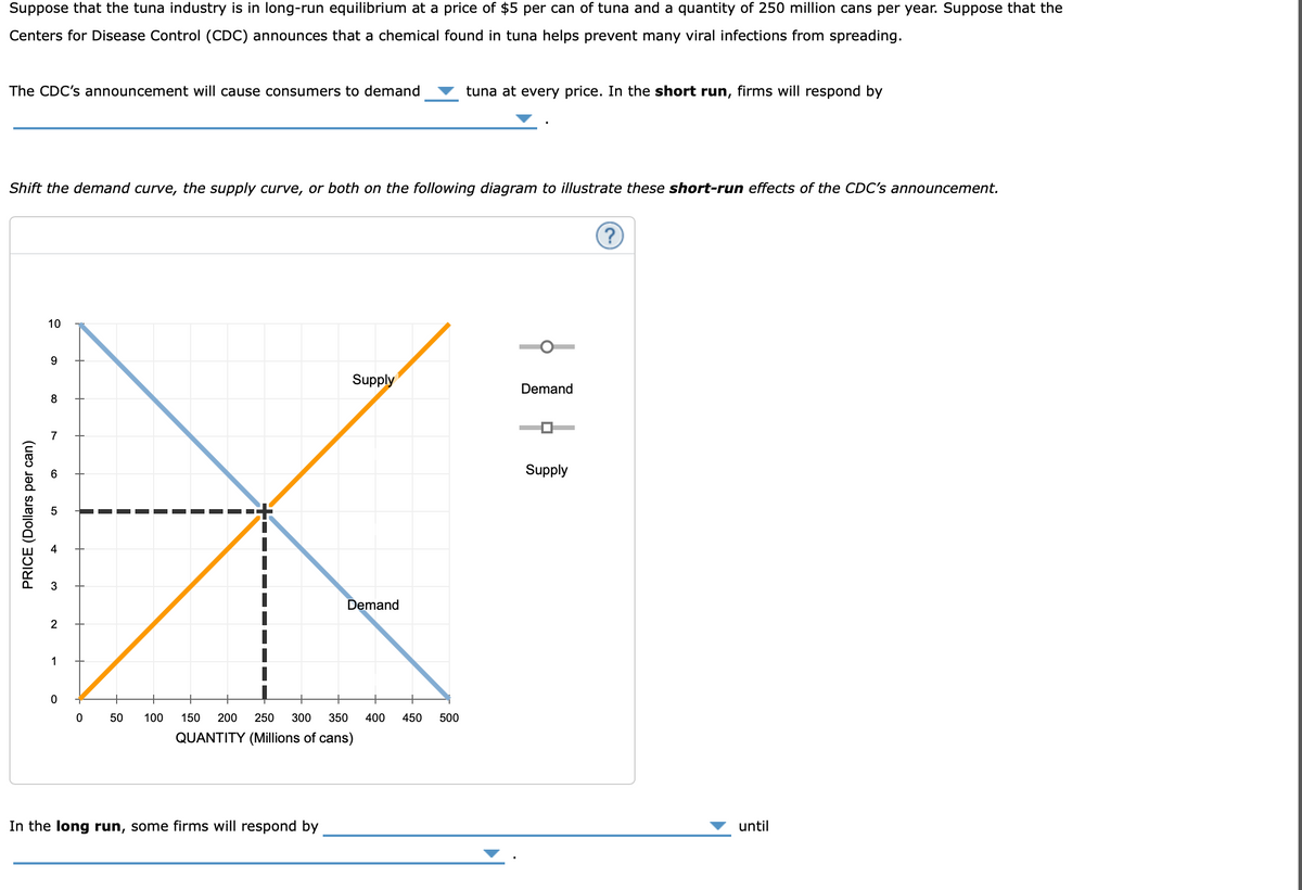 Suppose that the tuna industry is in long-run equilibrium at a price of $5 per can of tuna and a quantity of 250 million cans per year. Suppose that the
Centers for Disease Control (CDC) announces that a chemical found in tuna helps prevent many viral infections from spreading.
The CDC's announcement will cause consumers to demand
tuna at every price. In the short run, firms will respond by
Shift the demand curve, the supply curve, or both on the following diagram to illustrate these short-run effects of the CDC's announcement.
10
Supply
Demand
8
7
Supply
3
Demand
2
1
50
100
150
200
250
300
350
400
450 500
QUANTITY (Millions of cans)
In the long run, some firms will respond by
until
PRICE (Dollars per can)
