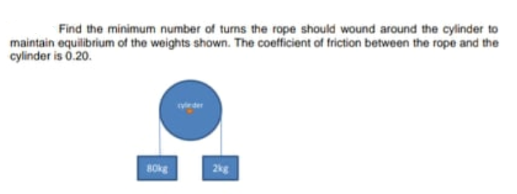 Find the minimum number of turns the rope should wound around the cylinder to
maintain equilibrium of the weights shown. The coefficient of friction between the rope and the
cylinder is 0.20.
vrder
B0kg
2kg
