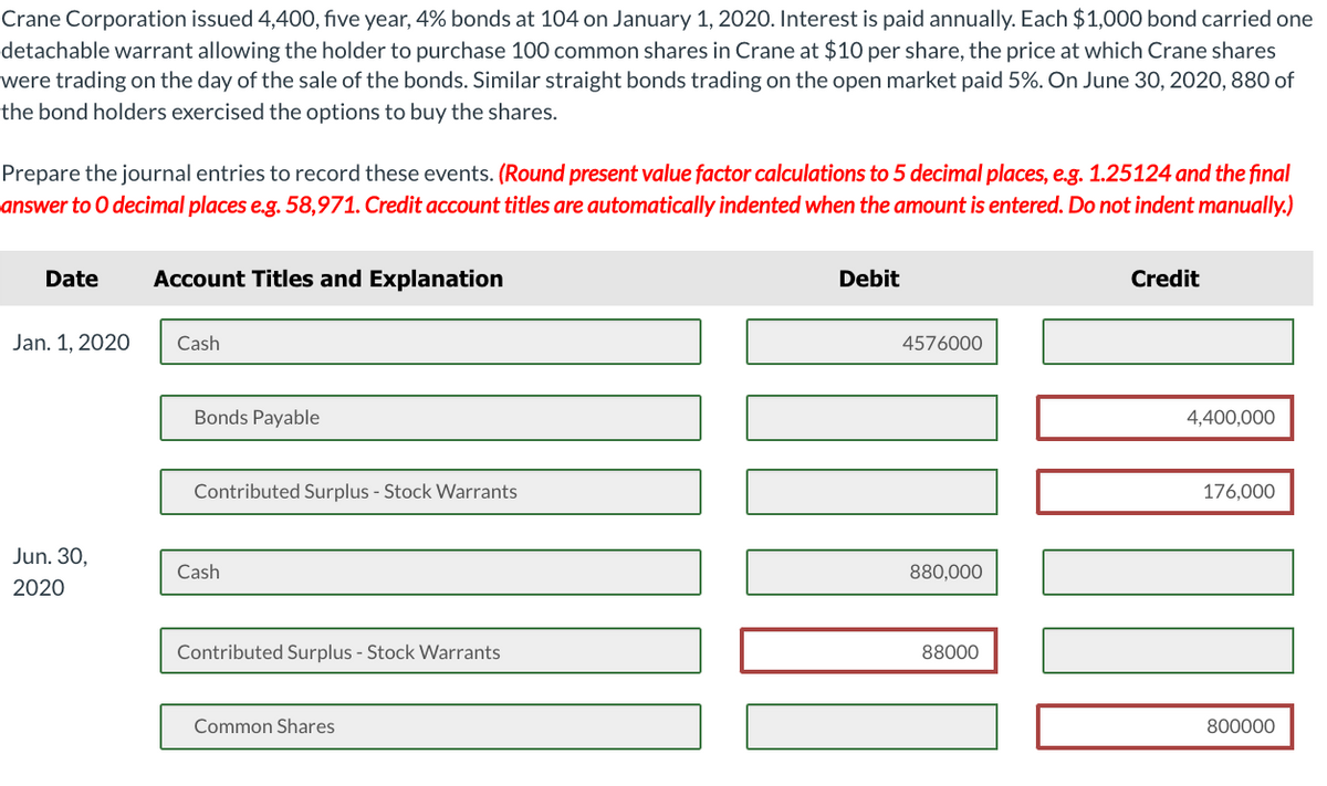 Crane Corporation issued 4,400, five year, 4% bonds at 104 on January 1, 2020. Interest is paid annually. Each $1,000 bond carried one
detachable warrant allowing the holder to purchase 100 common shares in Crane at $10 per share, the price at which Crane shares
were trading on the day of the sale of the bonds. Similar straight bonds trading on the open market paid 5%. On June 30, 2020, 880 of
the bond holders exercised the options to buy the shares.
Prepare the journal entries to record these events. (Round present value factor calculations to 5 decimal places, e.g. 1.25124 and the final
answer to O decimal places e.g. 58,971. Credit account titles are automatically indented when the amount is entered. Do not indent manually.)
Date
Jan. 1, 2020
Jun. 30,
2020
Account Titles and Explanation
Cash
Bonds Payable
Contributed Surplus - Stock Warrants
Cash
Contributed Surplus - Stock Warrants
Common Shares
Debit
4576000
100
880,000
88000
Credit
4,400,000
176,000
800000