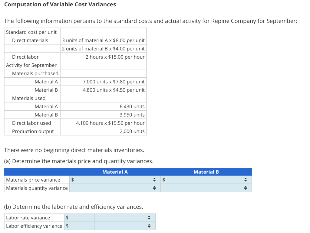 Computation of Variable Cost Variances
The following information pertains to the standard costs and actual activity for Repine Company for September:
Standard cost per unit
Direct materials
Direct labor
Activity for September
Materials purchased
Material A
Material B
Materials used
Material A
Material B
Direct labor used
Production output
3 units of material A x $8.00 per unit
2 units of material B x $4.00 per unit
2 hours x $15.00 per hour
7,000 units x $7.80 per unit
4,800 units x $4.50 per unit
Materials price variance $
Materials quantity variance
6,430 units
3,950 units
4,100 hours x $15.50 per hour
2,000 units
There were no beginning direct materials inventories.
(a) Determine the materials price and quantity variances.
Material A
(b) Determine the labor rate and efficiency variances.
Labor rate variance
$
Labor efficiency variance $
◆
→ $
→
Material B
◆
→