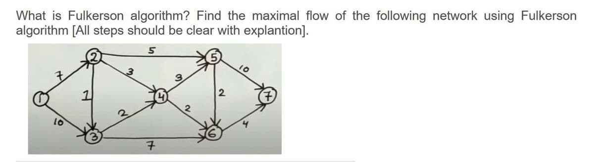 What is Fulkerson algorithm? Find the maximal flow of the following network using Fulkerson
algorithm [All steps should be clear with explantion].
3
