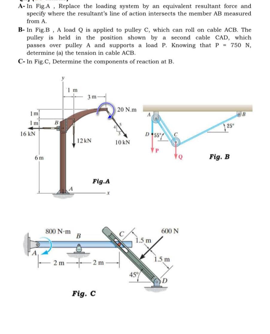 A- In Fig.A, Replace the loading system by an equivalent resultant force and
specify where the resultant's line of action intersects the member AB measured
from A.
B- In Fig.B, A load Q is applied to pulley C, which can roll on cable ACB. The
pulley is held in the position shown by a second cable CAD, which
passes over pulley A and supports a load P. Knowing that P = 750 N,
determine (a) the tension in cable ACB.
C- In Fig.C, Determine the components of reaction at B.
1 m
3 m
20 N.m
1 m
1m
B
25°
16 kN
D 55°
155
C
12 kN
10 kN
VP
6 m
Fig. B
Fig.A
800 N m
600 N
1.5 m
1.5 m
2 m
- 2 m
45%
Fig. C
