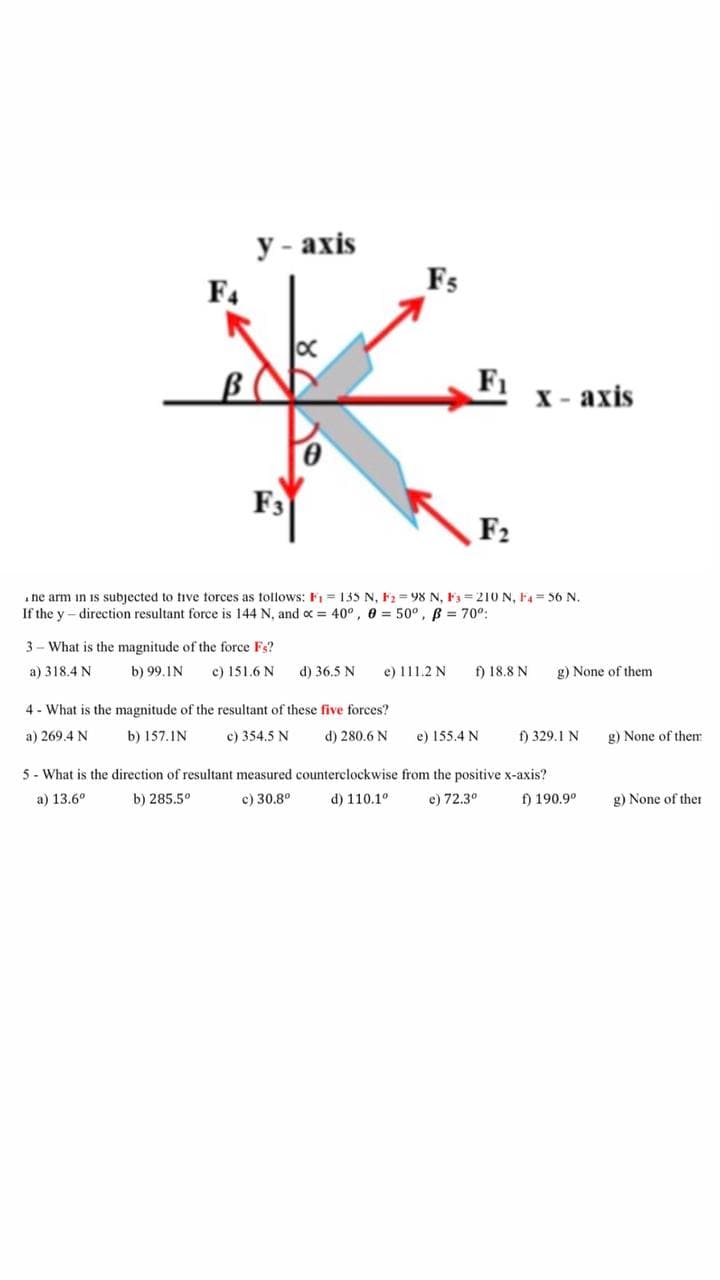 у - ахis
F4
Fs
F1
х- ахis
F3
F2
. ne arm in is subjected to tive torces as tollows: F1 = 135 N, F2 = 98 N, F = 210 N, F4 = 56 N.
If the y - direction resultant force is 144 N, and oc = 40°, 0 = 50°, B = 70o:
3 - What is the magnitude of the force Fs?
a) 318.4 N
b) 99.IN
c) 151.6 N
d) 36.5 N
e) 111.2 N
f) 18.8 N
g) None of them
4 - What is the magnitude of the resultant of these five forces?
a) 269.4 N
b) 157.IN
c) 354.5 N
d) 280.6 N
e) 155.4 N
f) 329.1 N
g) None of them
5 - What is the direction of resultant measured counterclockwise from the positive x-axis?
a) 13,6°
b) 285.5°
c) 30.8°
d) 110.1°
e) 72.3°
) 190.9०
g) None of ther
