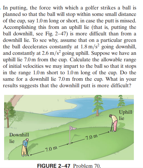 In putting, the force with which a golfer strikes a ball is
planned so that the ball will stop within some small distance
of the cup, say 1.0m long or short, in case the putt is missed.
Accomplishing this from an uphill lie (that is, putting the
ball downhill, see Fig. 2–47) is more difficult than from a
downhill lie. To see why, assume that on a particular green
the ball decelerates constantly at 1.8 m/s² going downhill,
and constantly at 2.6 m/s² going uphill. Suppose we have an
uphill lie 7.0 m from the cup. Calculate the allowable range
of initial velocities we may impart to the ball so that it stops
in the range 1.0 m short to 1.0 m long of the cup. Do the
same for a downhill lie 7.0 m from the cup. What in your
results suggests that the downhill putt is more difficult?
Uphill
lie
Downhill
7.0 m
lie
- 7.0 m
FIGURE 2-47 Problem 70.
